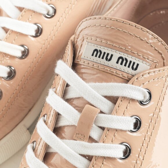Miu Miu Nude Patent-Leather Cap-Toe Lace-Up Sneakers - Picture 8 of 12